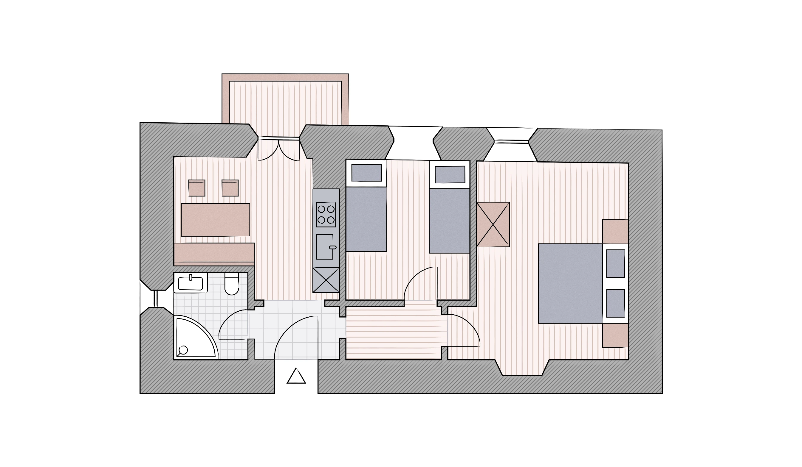 Grundriss der Wohnung Katharina von Trapp im Edel-Ansitz Zimmerlehen. Die Wohnung im Bauernhaus umfasst eine Wohnküche, zwei Schlafzimmer und ein Badezimmer.